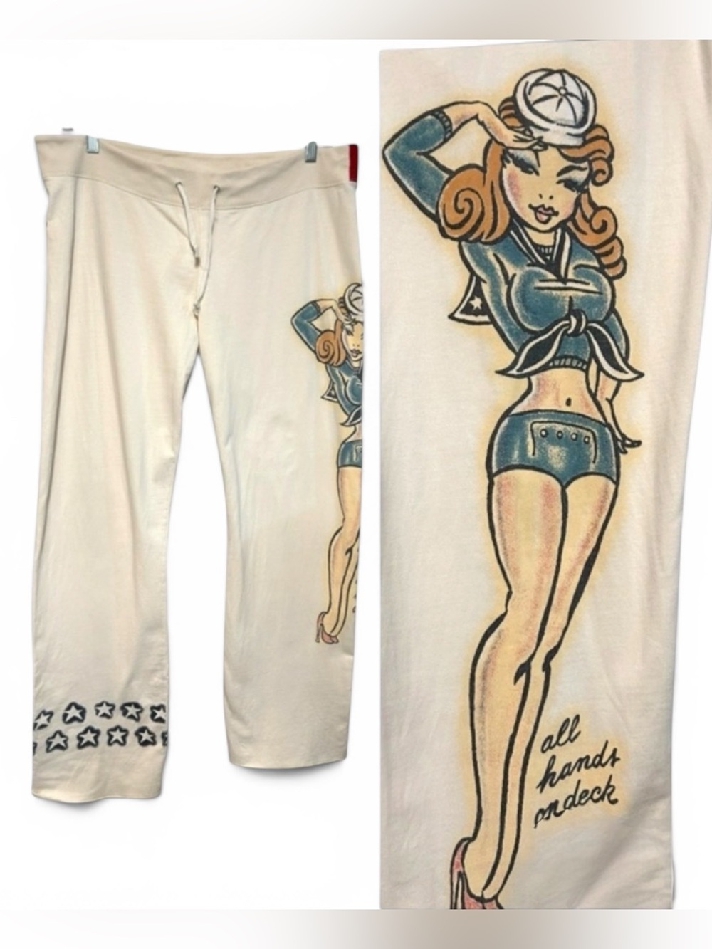 Y2K RARE lucky brand XL sweatpants naval pin up girl tattoo art vintage wide leg